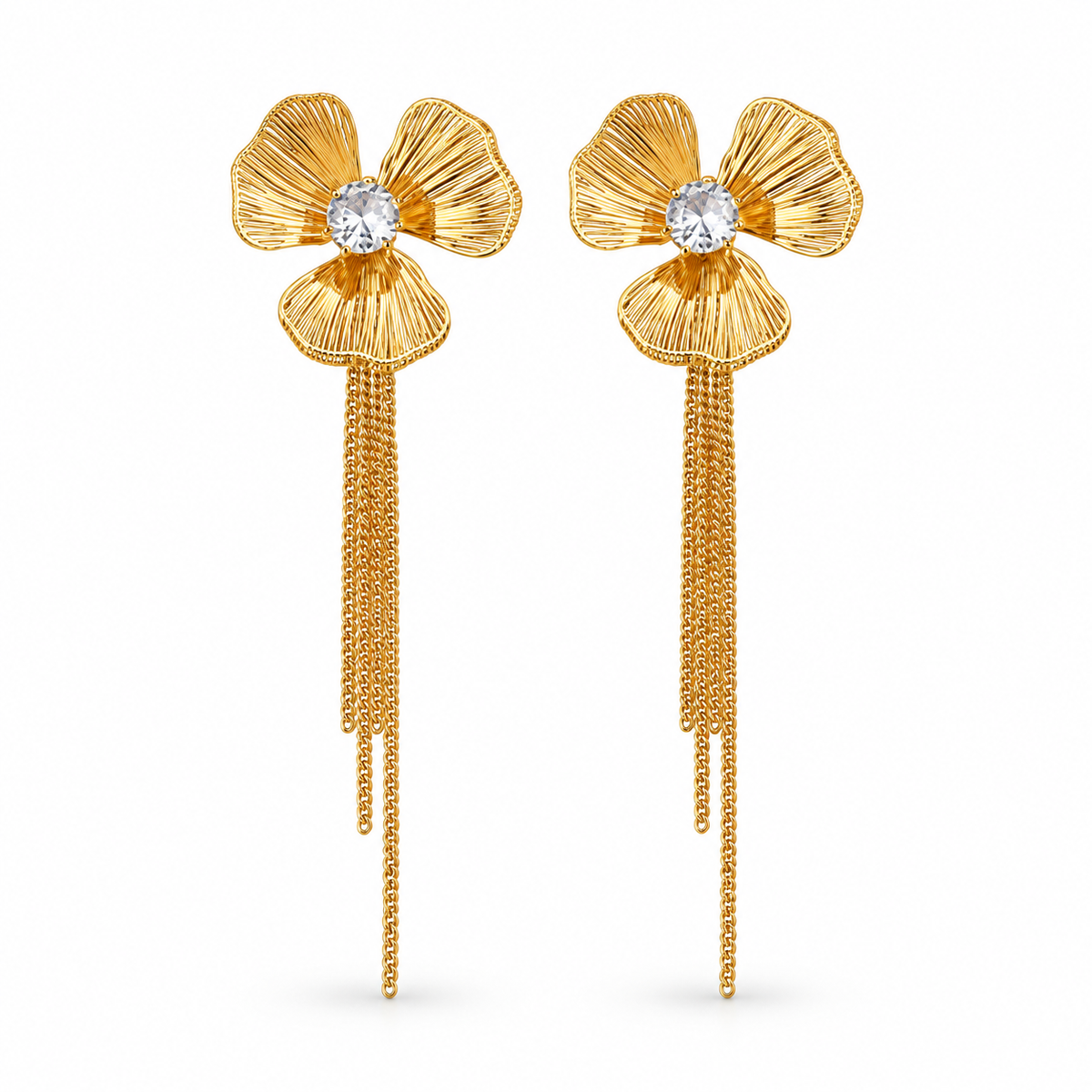 Gold-tone floral crystal chain tassel statement earrings on a pure white background