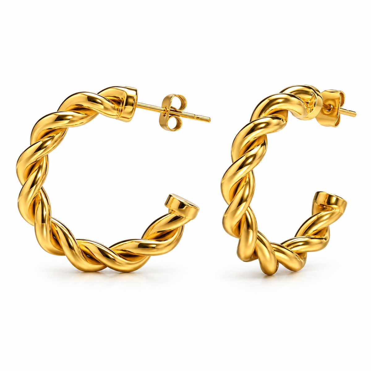 Gold-tone twisted rope open hoop stud earrings on a pure white background