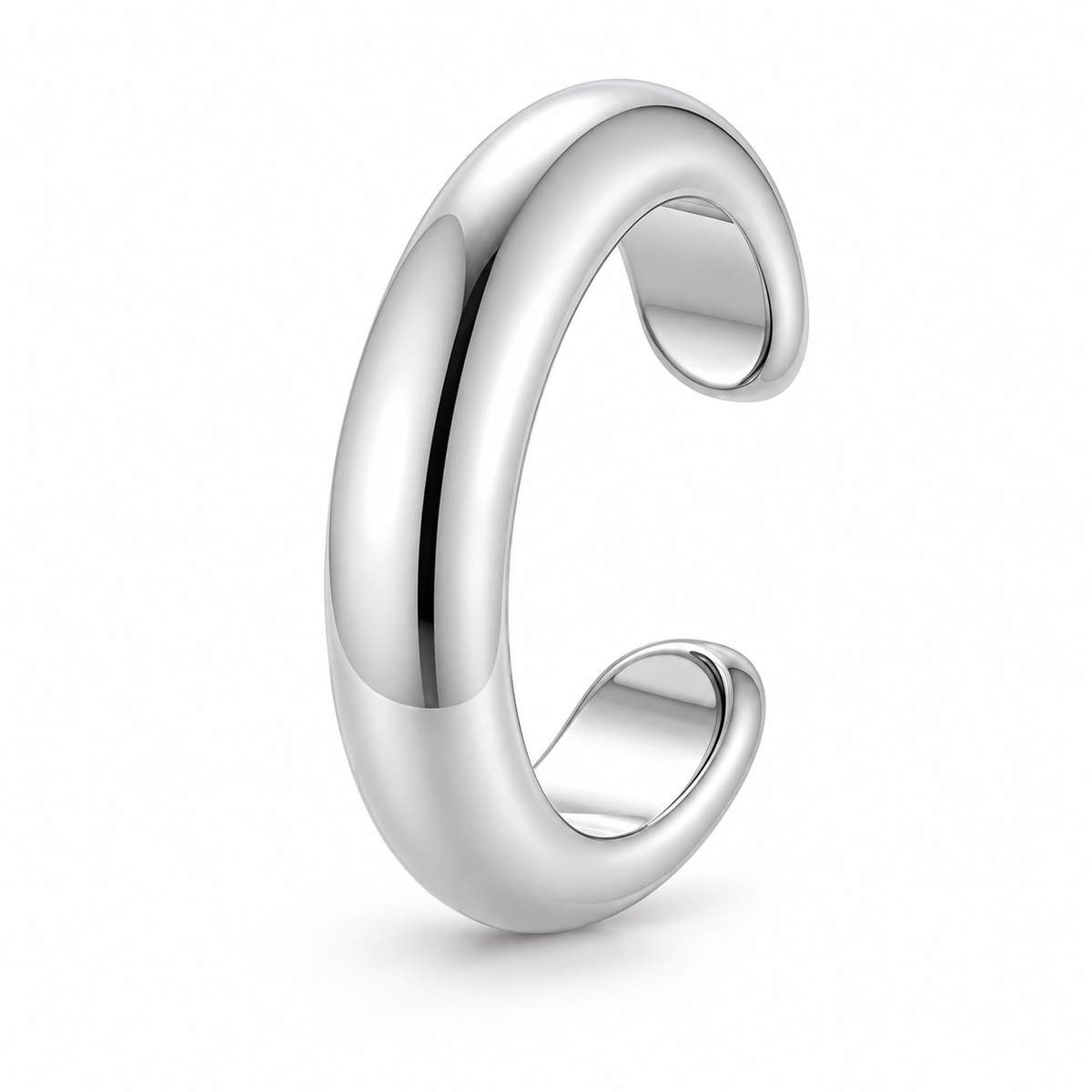Polished silver-tone sculptural C-shaped ear cuff on a pure white background