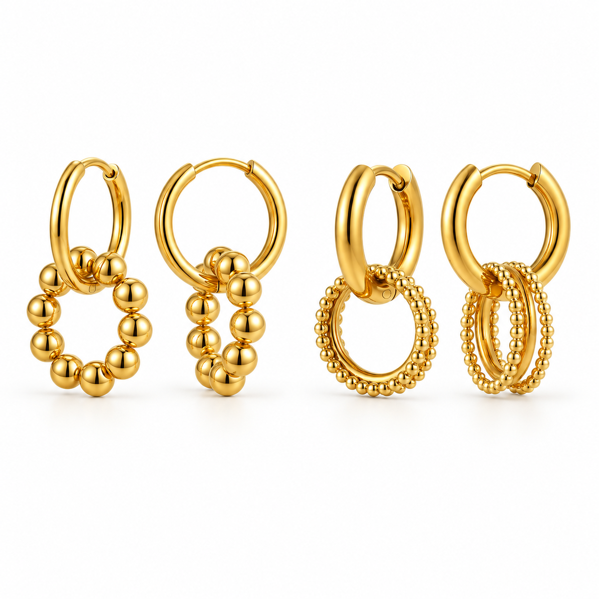 Two styles of gold-tone beaded circle charm hoop earrings on a pure white background