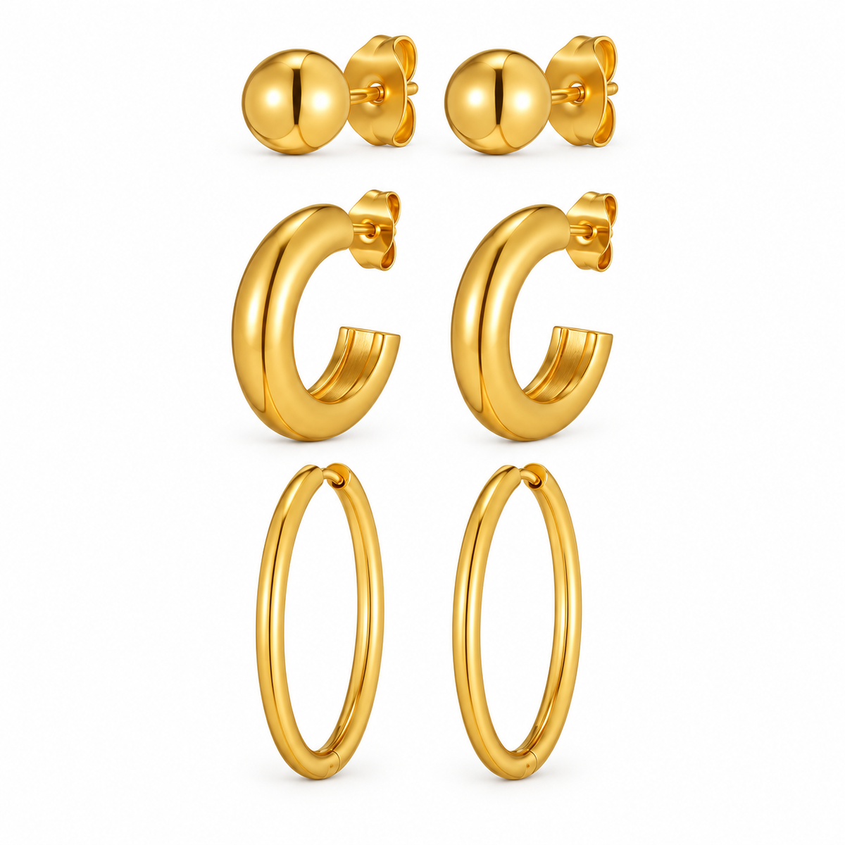 Coordinated gold-tone stud and hoop earring set on a pure white background