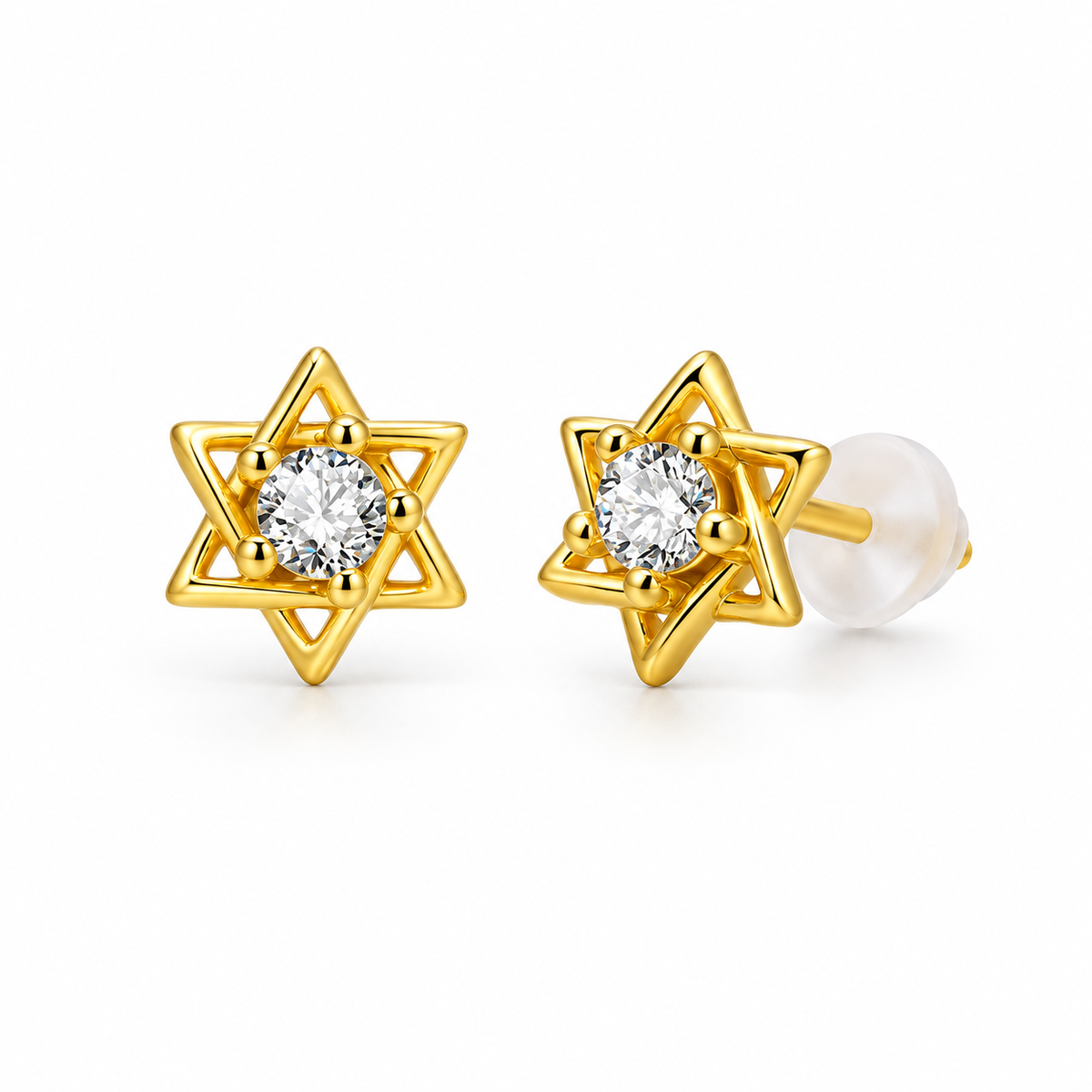 Gold-tone six-point star stud earrings with clear crystals on a pure white background