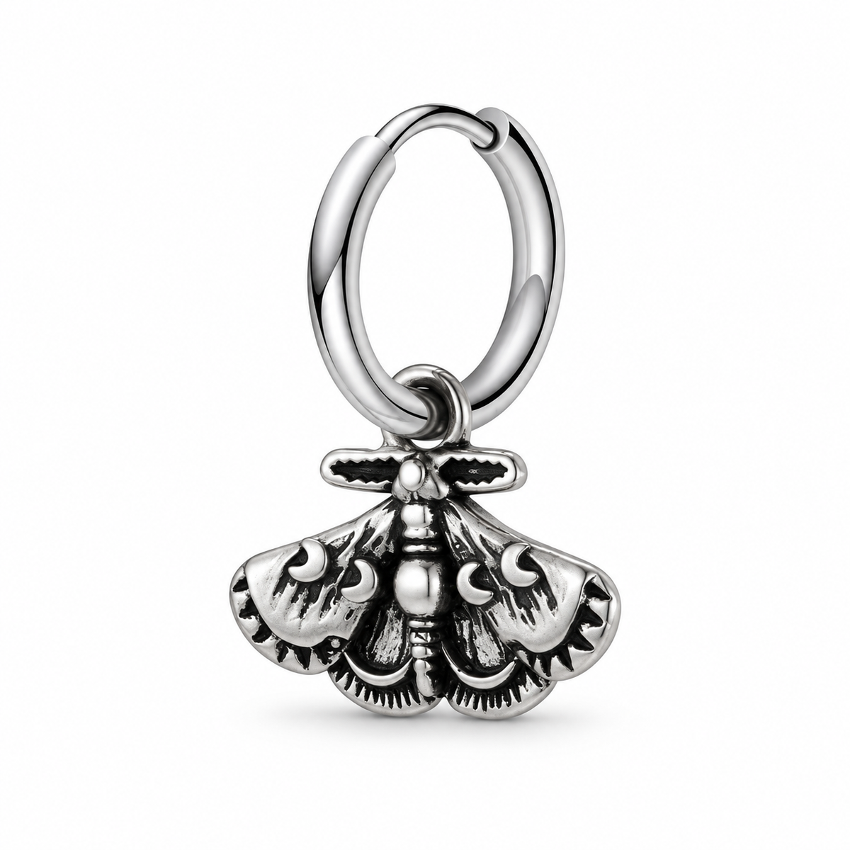 Antiqued silver-tone celestial moth charm hoop earring on a pure white background