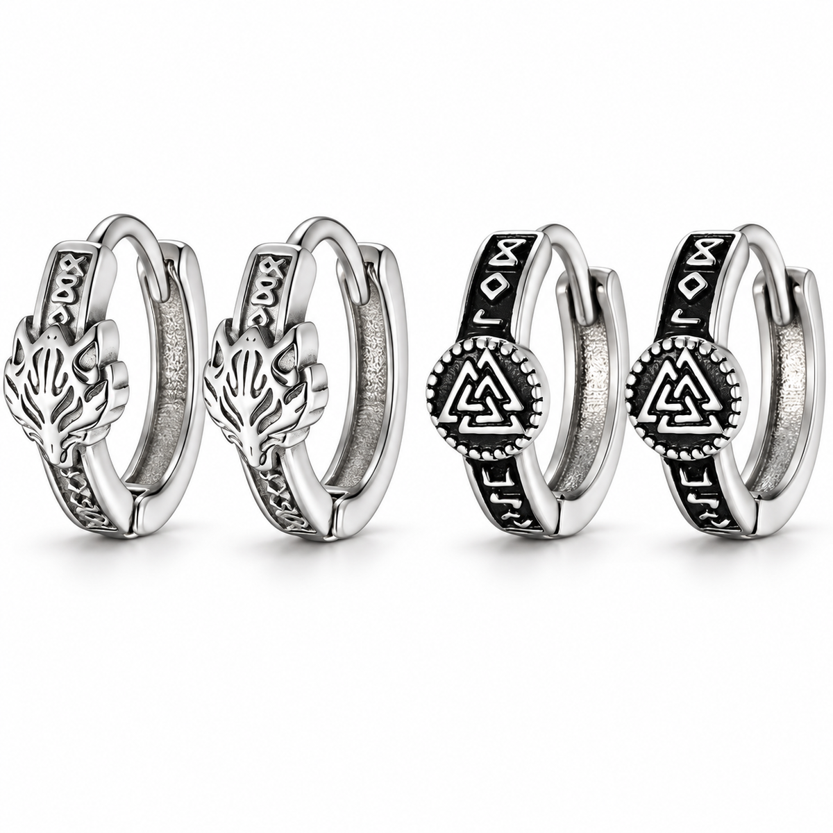 Silver-tone wolf and Valknut Norse symbol hinged hoop earrings on a pure white background