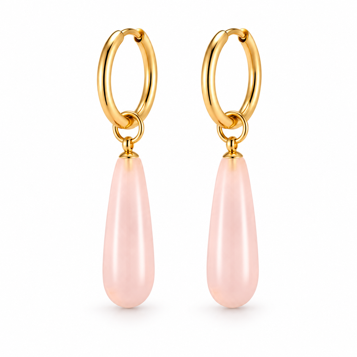 Gold-tone hoop earrings with blush pink natural stone teardrop charms on a pure white background