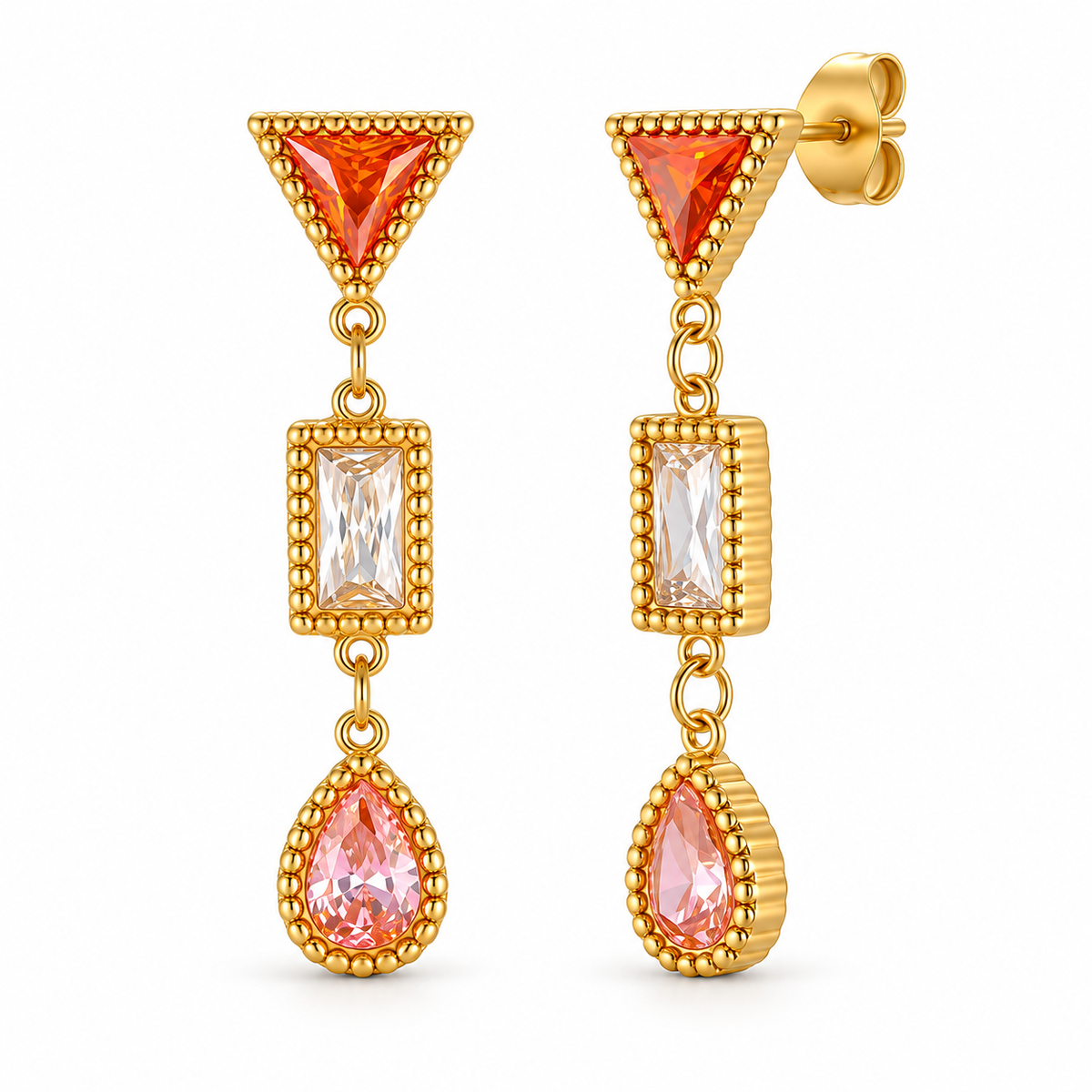 Gold-tone geometric drop earrings with orange clear and pink crystals on a pure white background