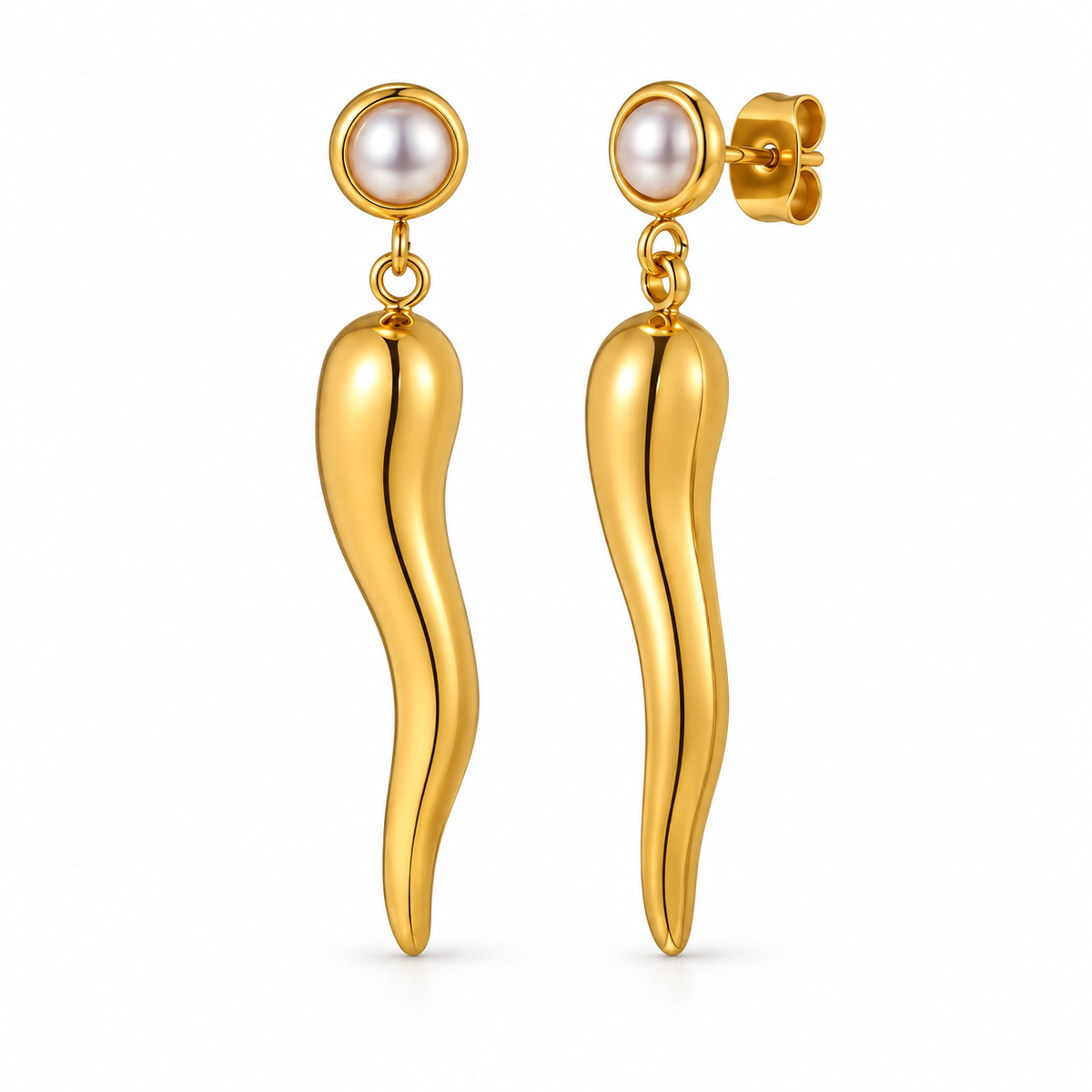 Gold-tone organic wavy drop earrings with pearl-like studs on a pure white background