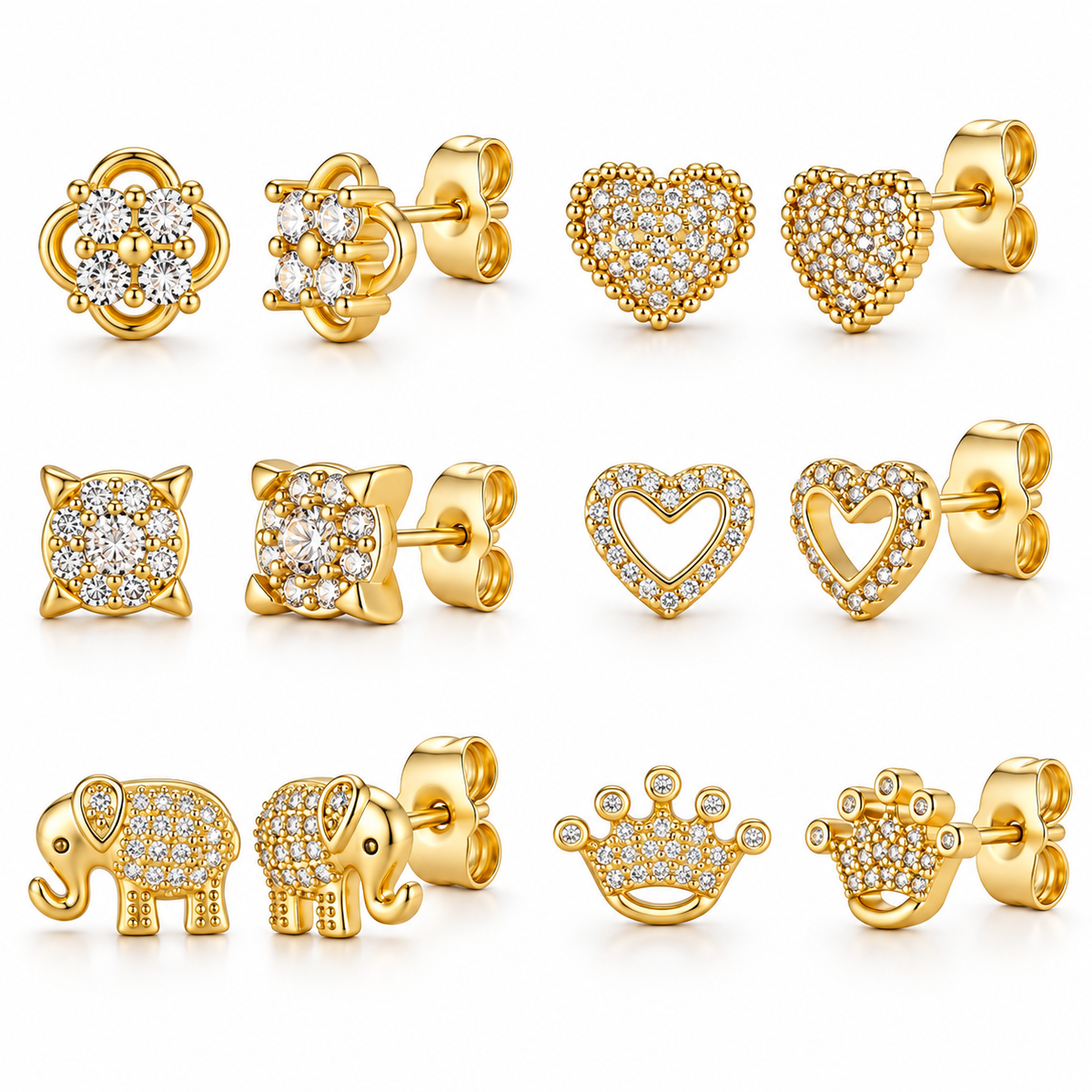 Six gold-tone crystal stud earring designs on a pure white background