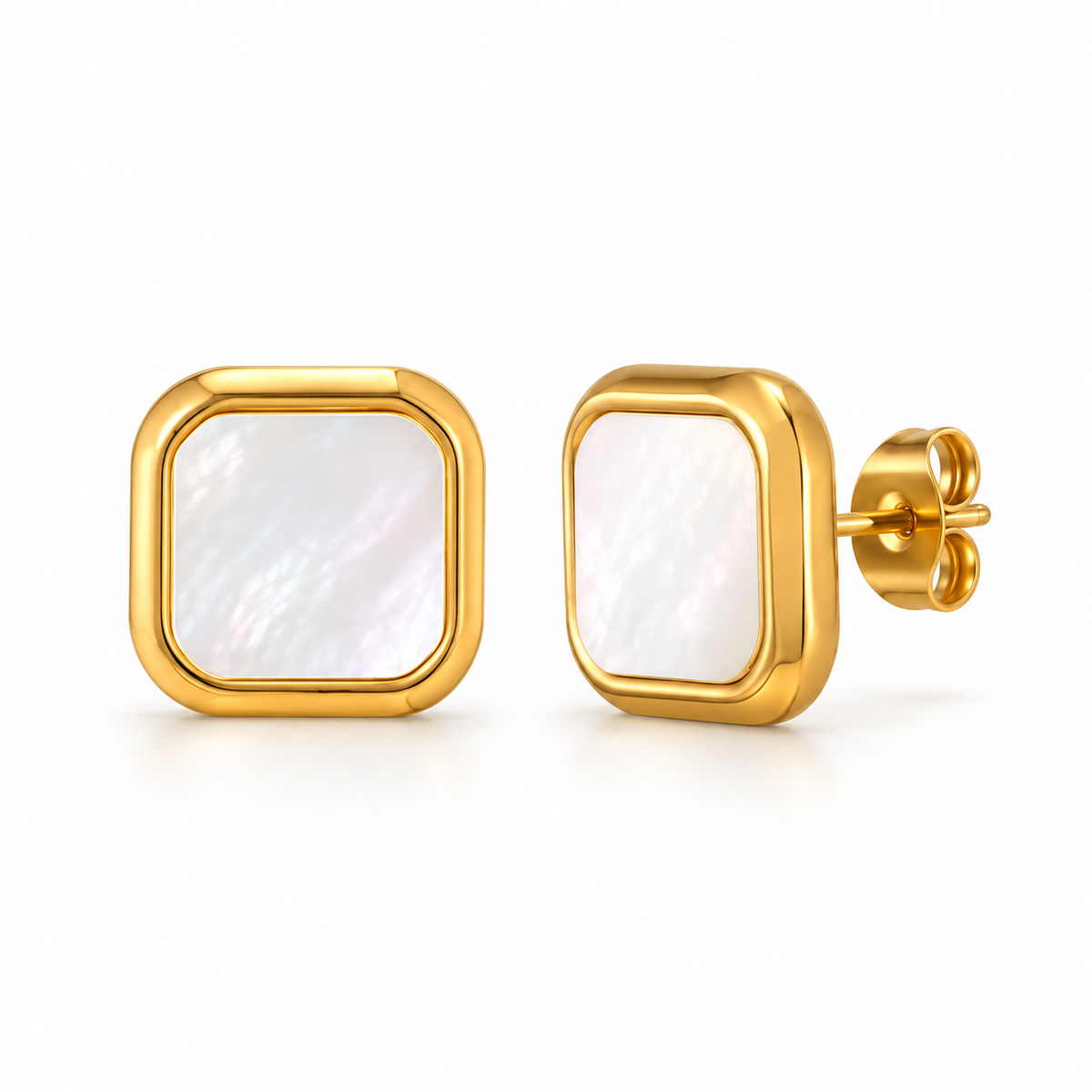 Gold-tone square white shell inlay stud earrings on a pure white background