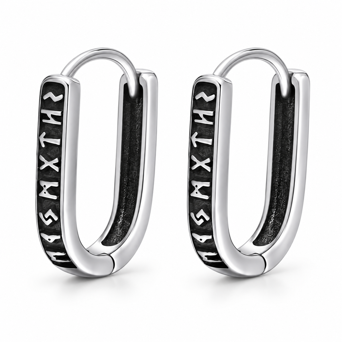 Silver-tone rectangular hinged hoop earrings with black Norse rune panels on a pure white background