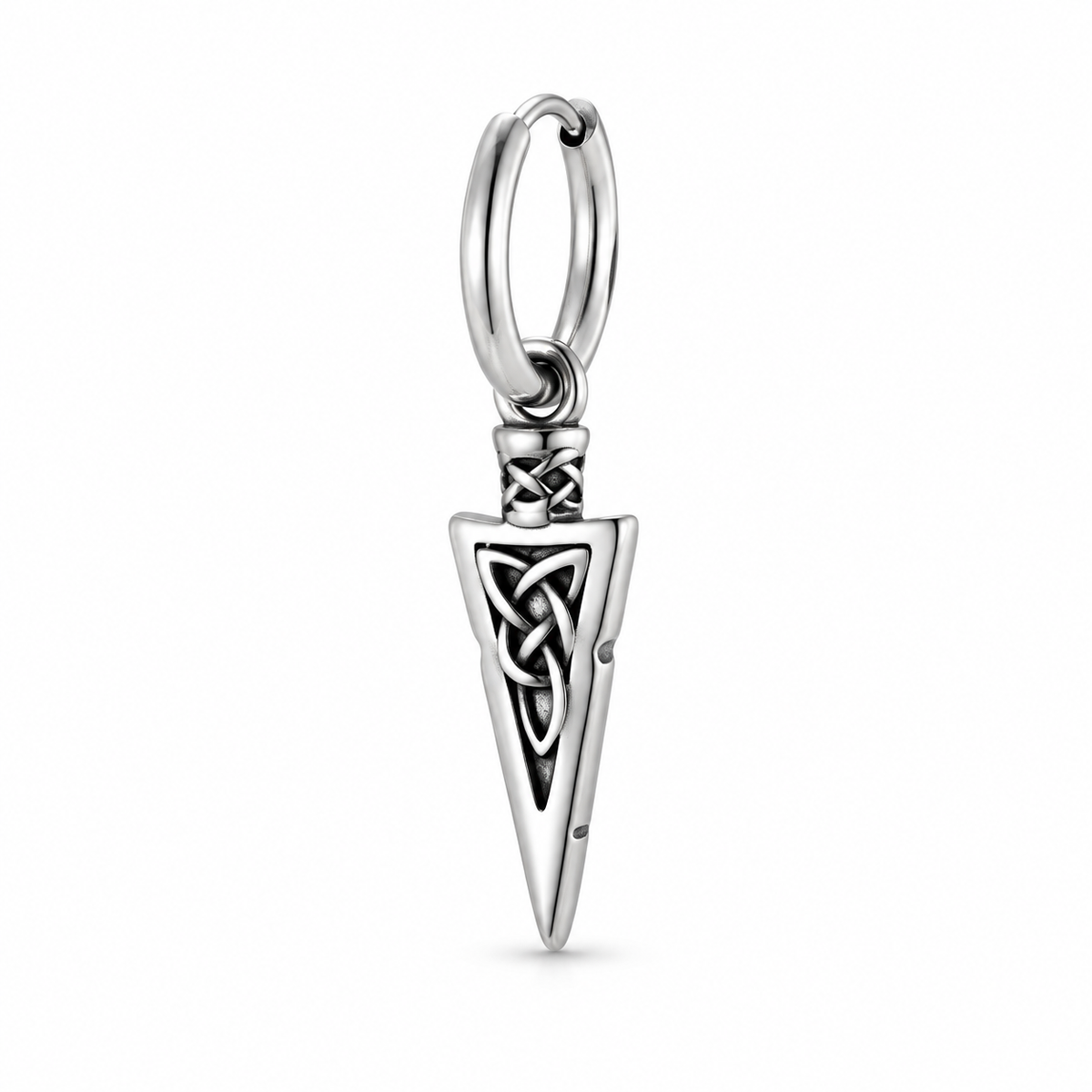 Antiqued silver-tone Celtic knot spearhead hoop earring on a pure white background