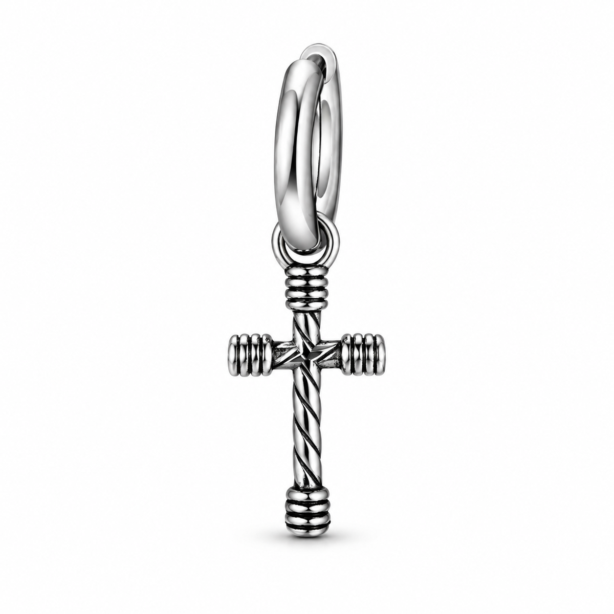 Single antiqued silver-tone rugged cross charm hoop earring on a pure white background