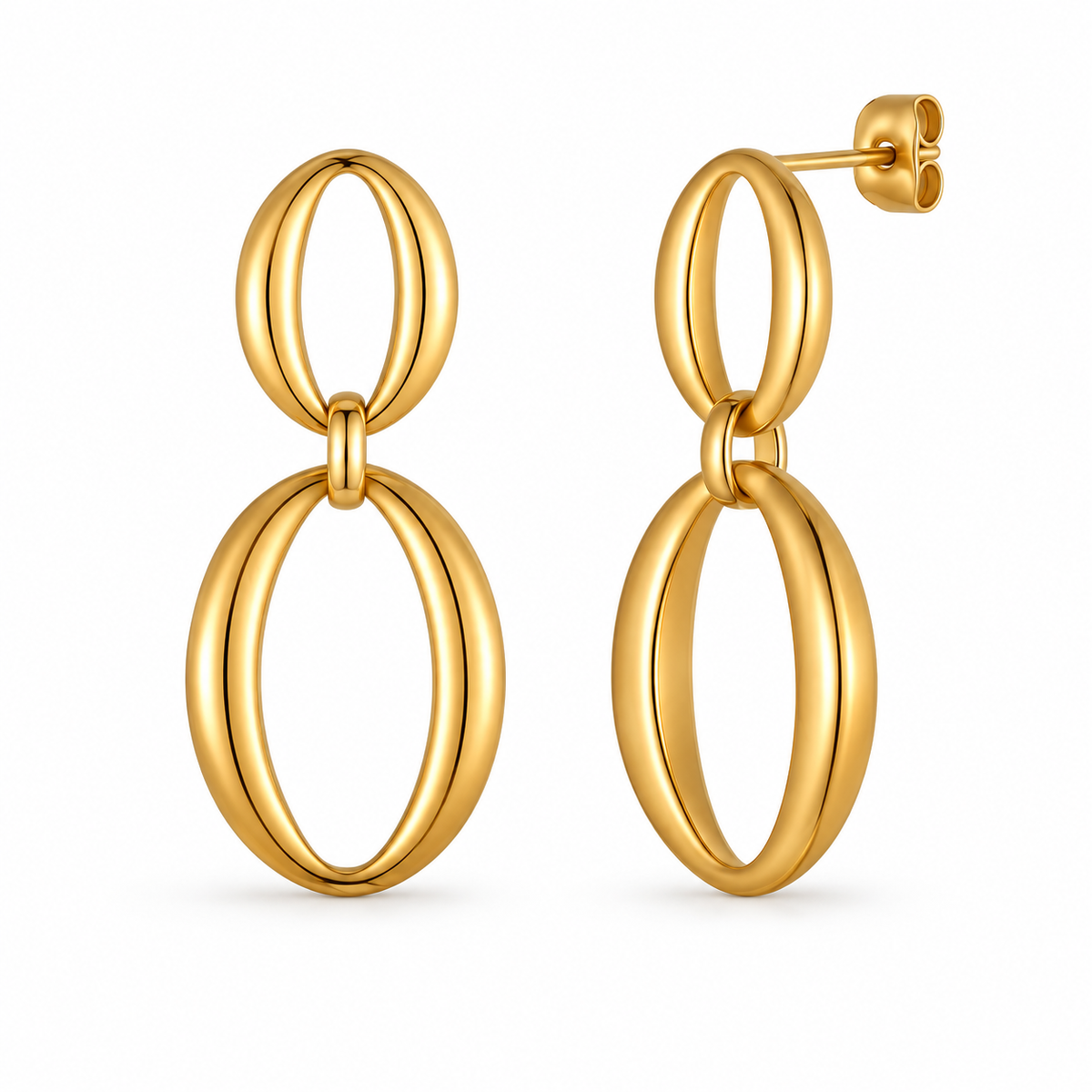 Gold-tone double oval link drop earrings on white background