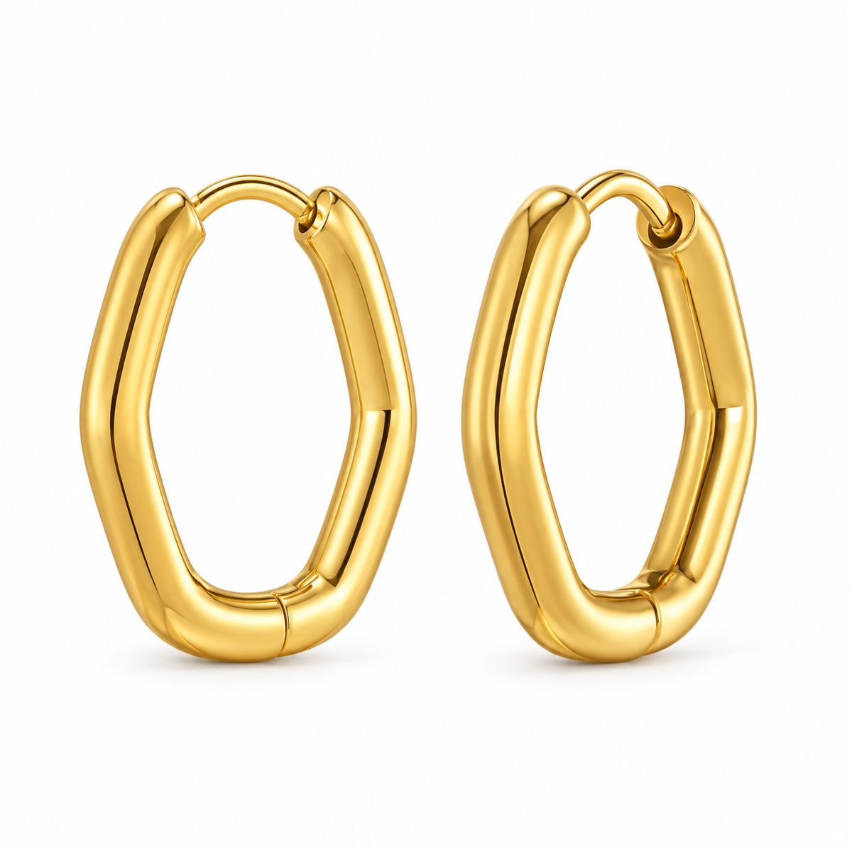 Gold-tone sculpted geometric hinged hoop earrings on white background