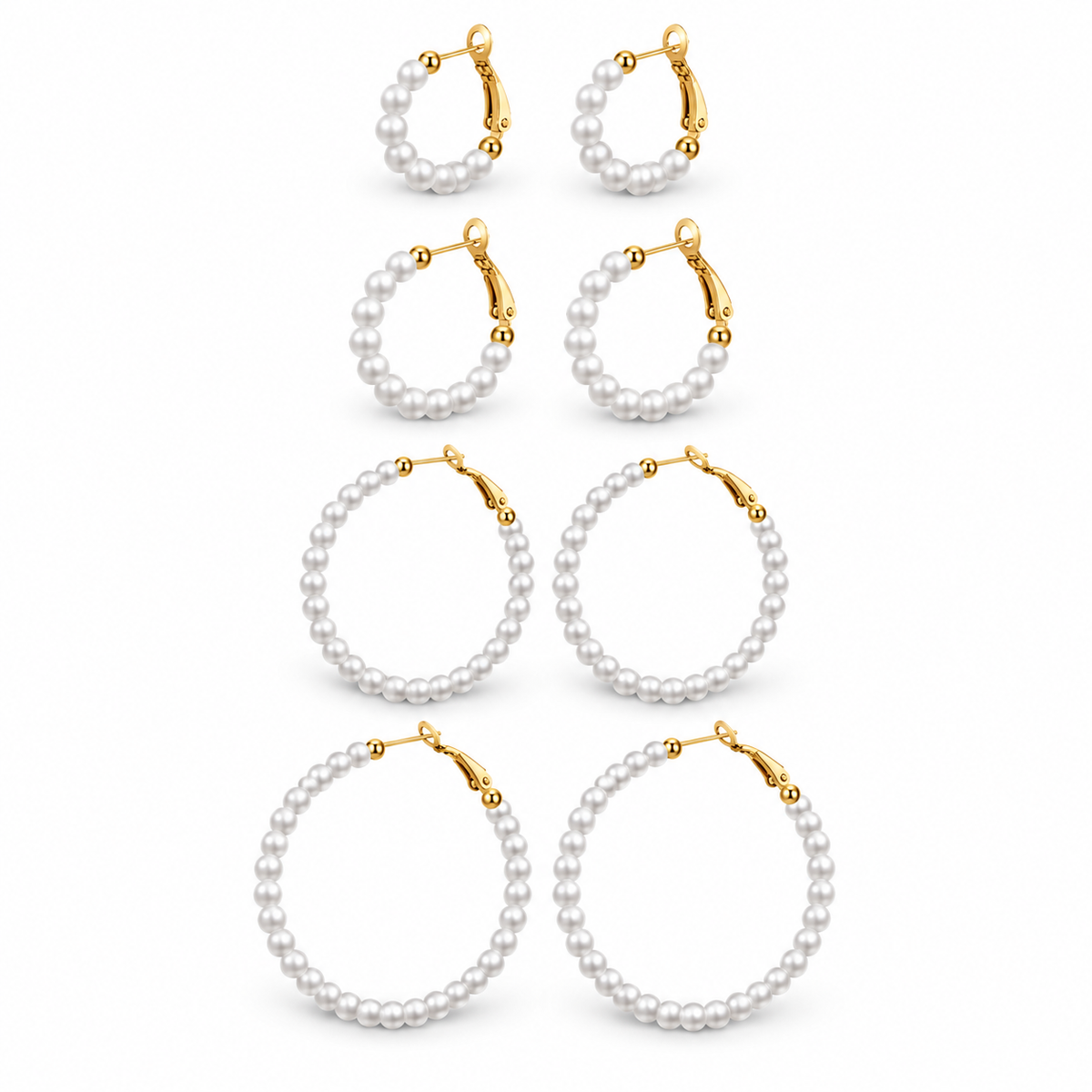 Pearl hoop earrings in five sizes on white background