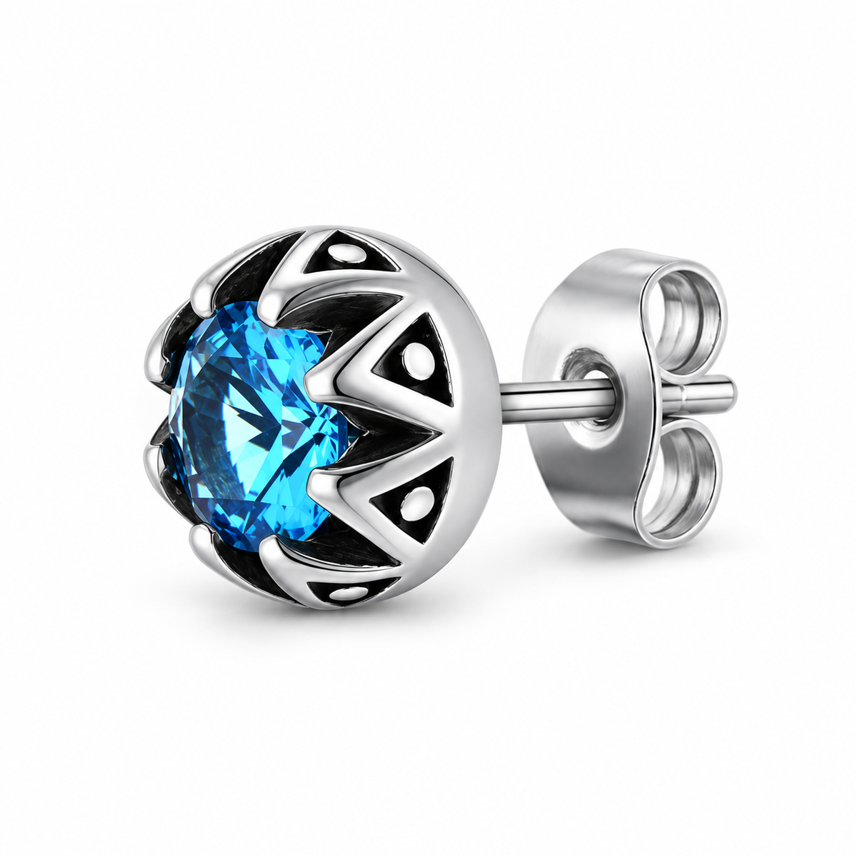 Blue zircon single stud earring on white background
