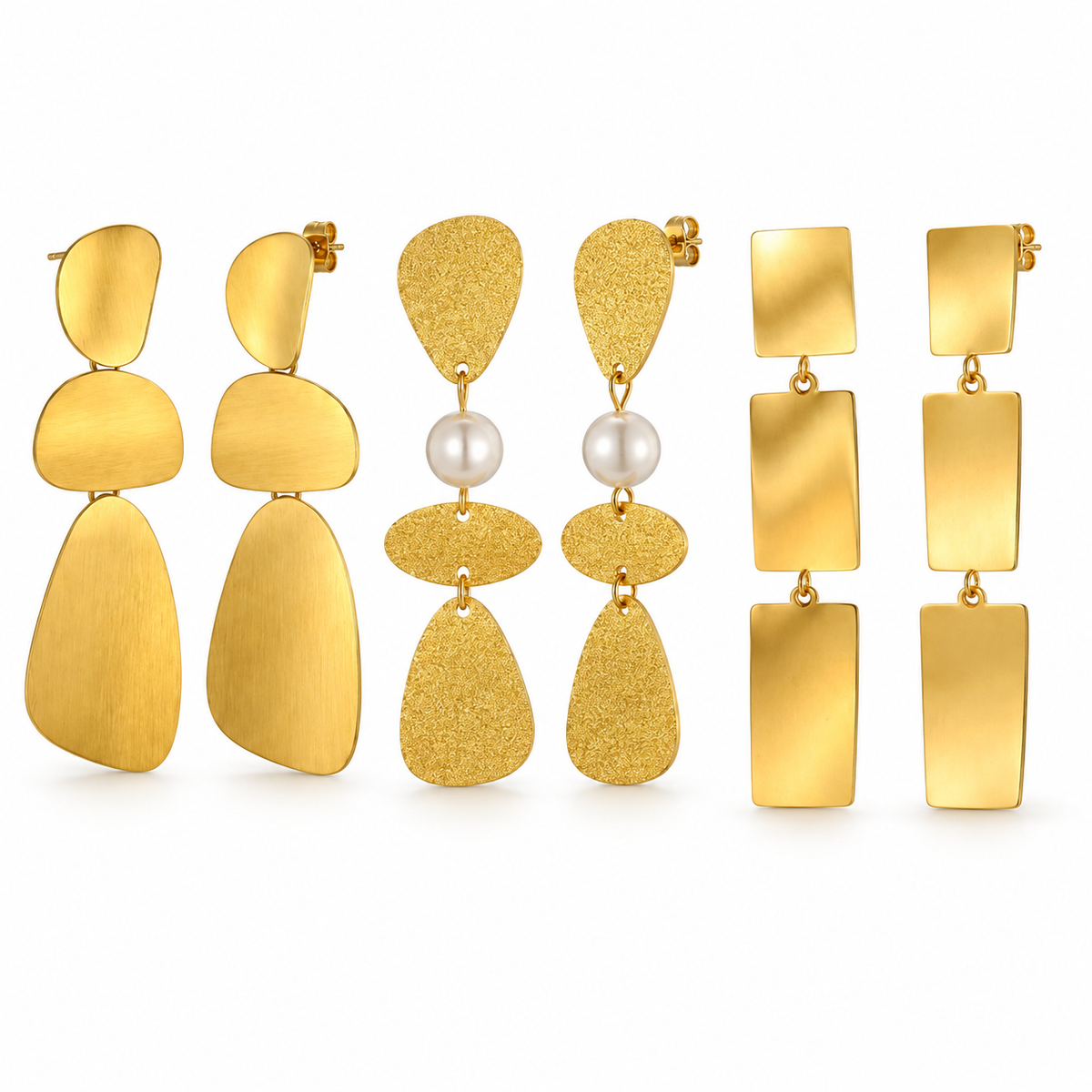 Three gold-plated sculptural drop earring designs on white background