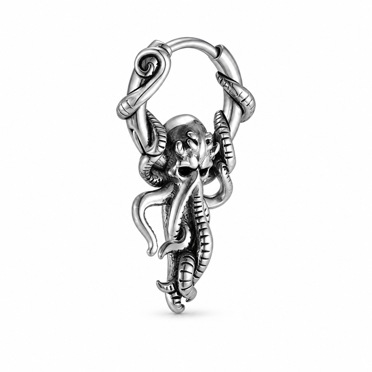 Antique silver gothic elephant single hoop earring on white background