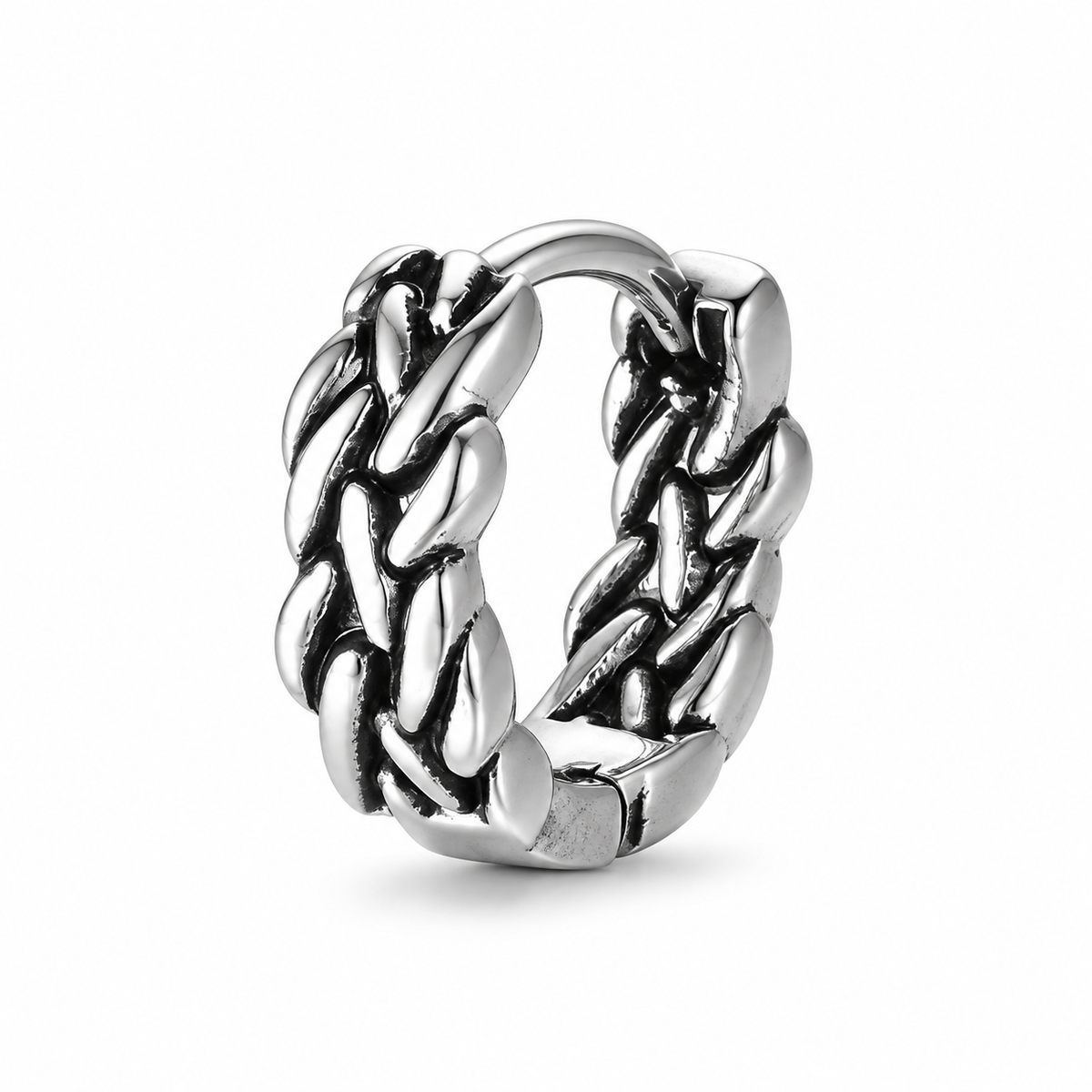 Vintage textured single hoop earring on white background