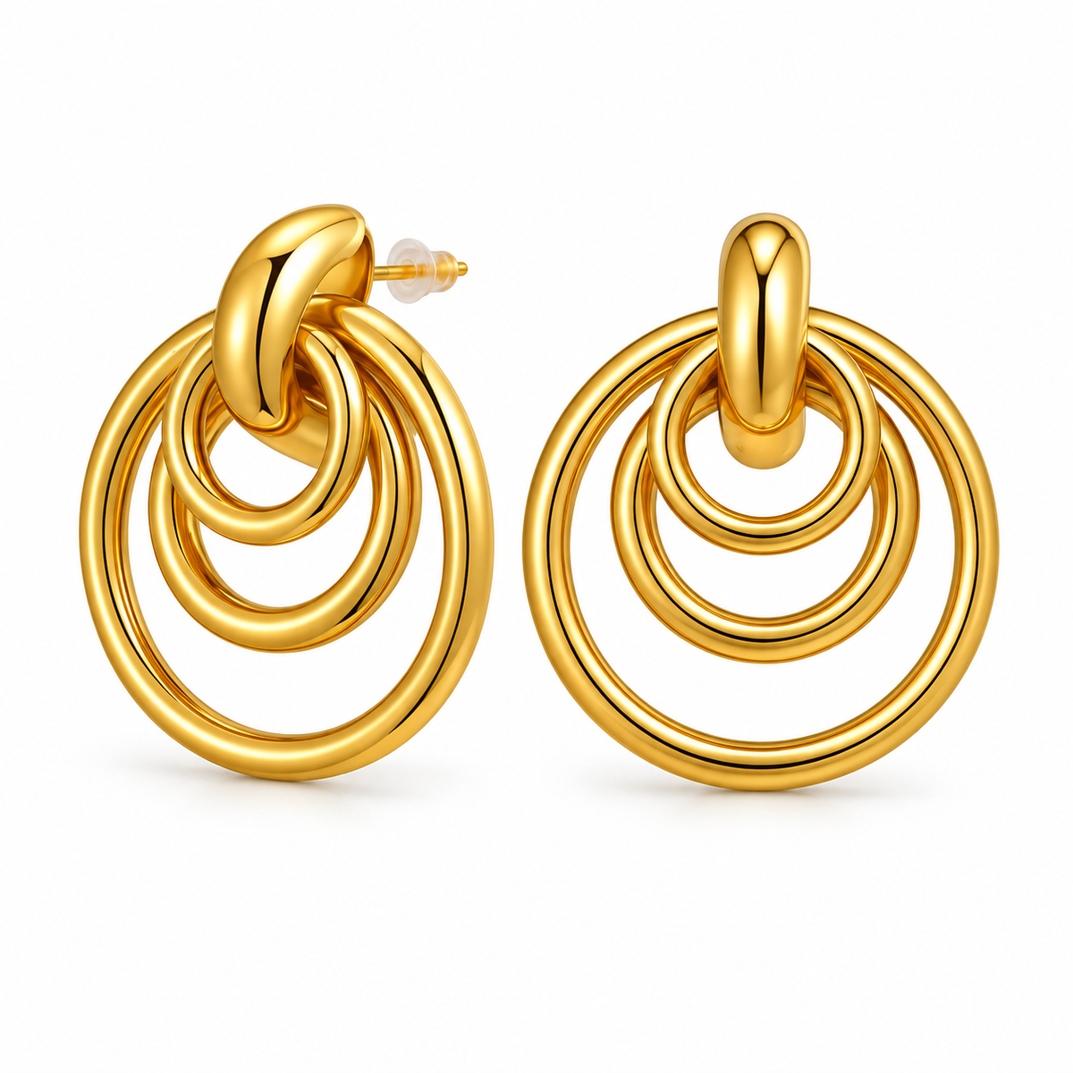 Gold-tone layered geometric circle drop earrings on white background
