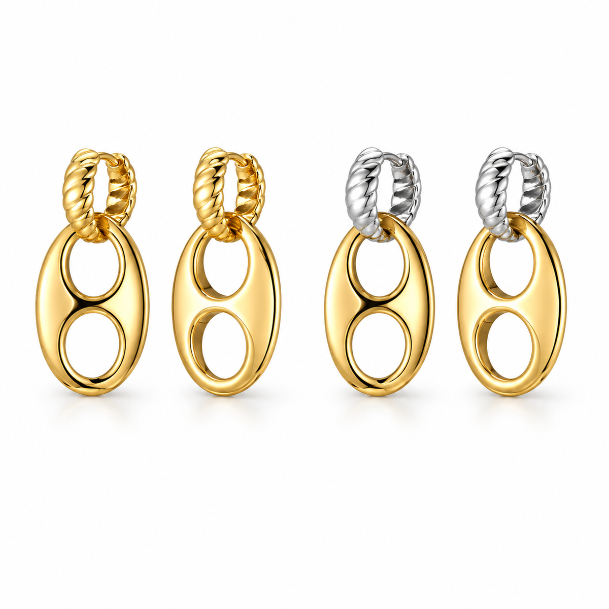Gold and two-tone pop-tab drop earrings on white background