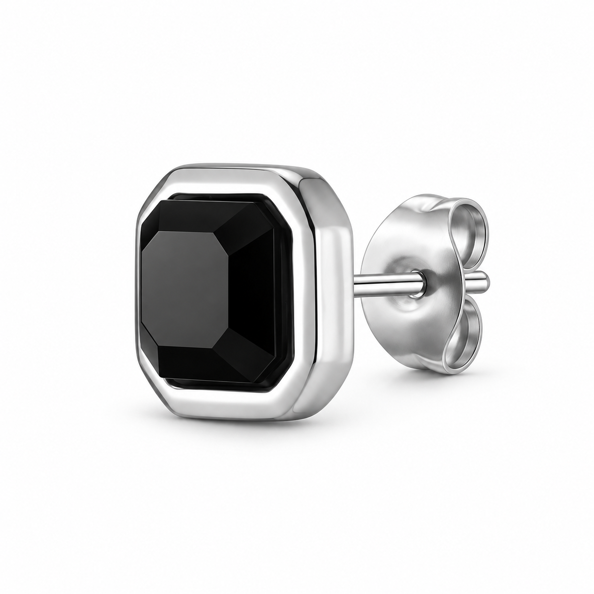 Black stone square single stud earring on white background