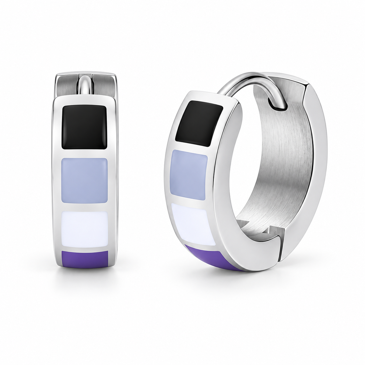 Colorblock enamel stainless steel huggie earrings on white background