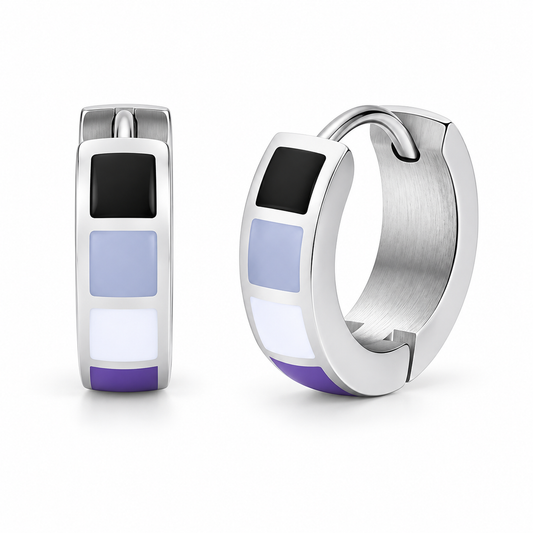 Colorblock enamel stainless steel huggie earrings on white background