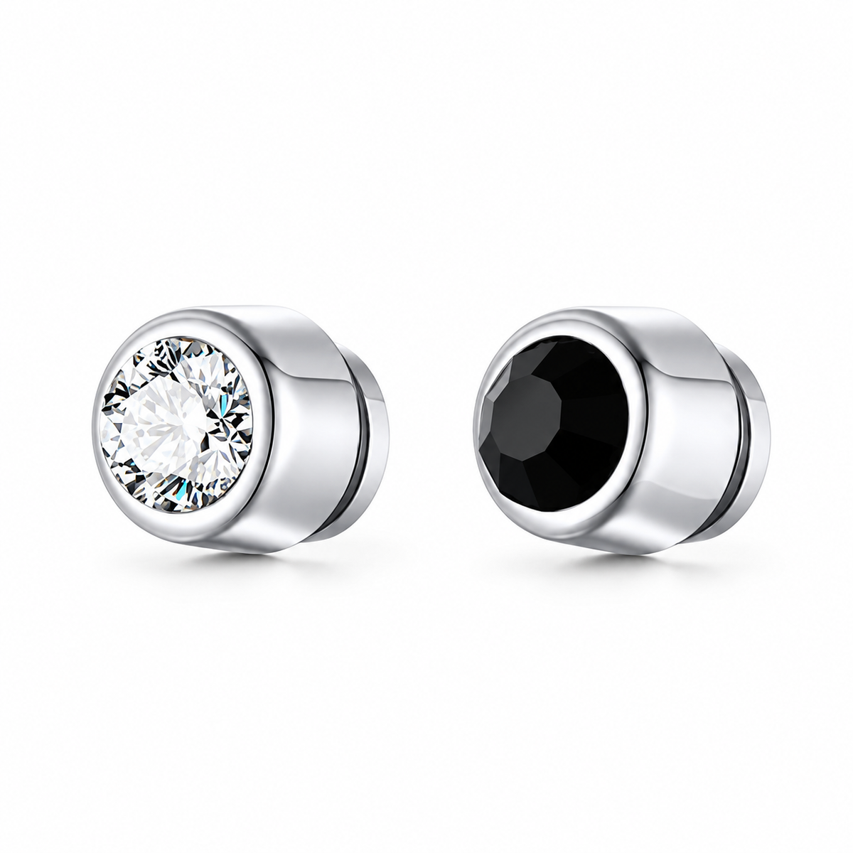 Clear and black zircon single stud earrings on white background