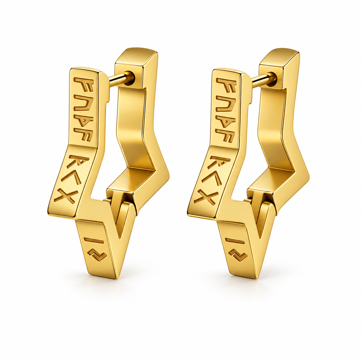 Gold Viking rune lightning-bolt earrings on white background
