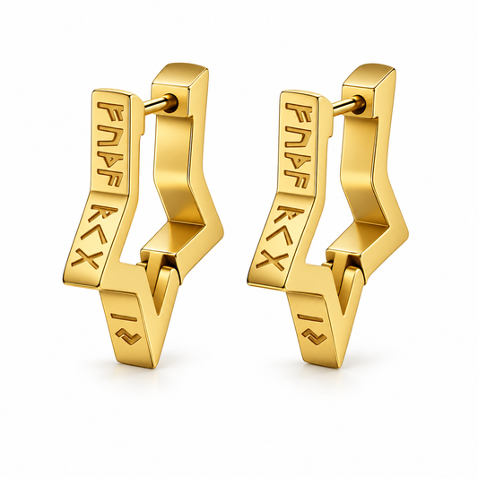 Gold Viking rune lightning-bolt earrings on white background