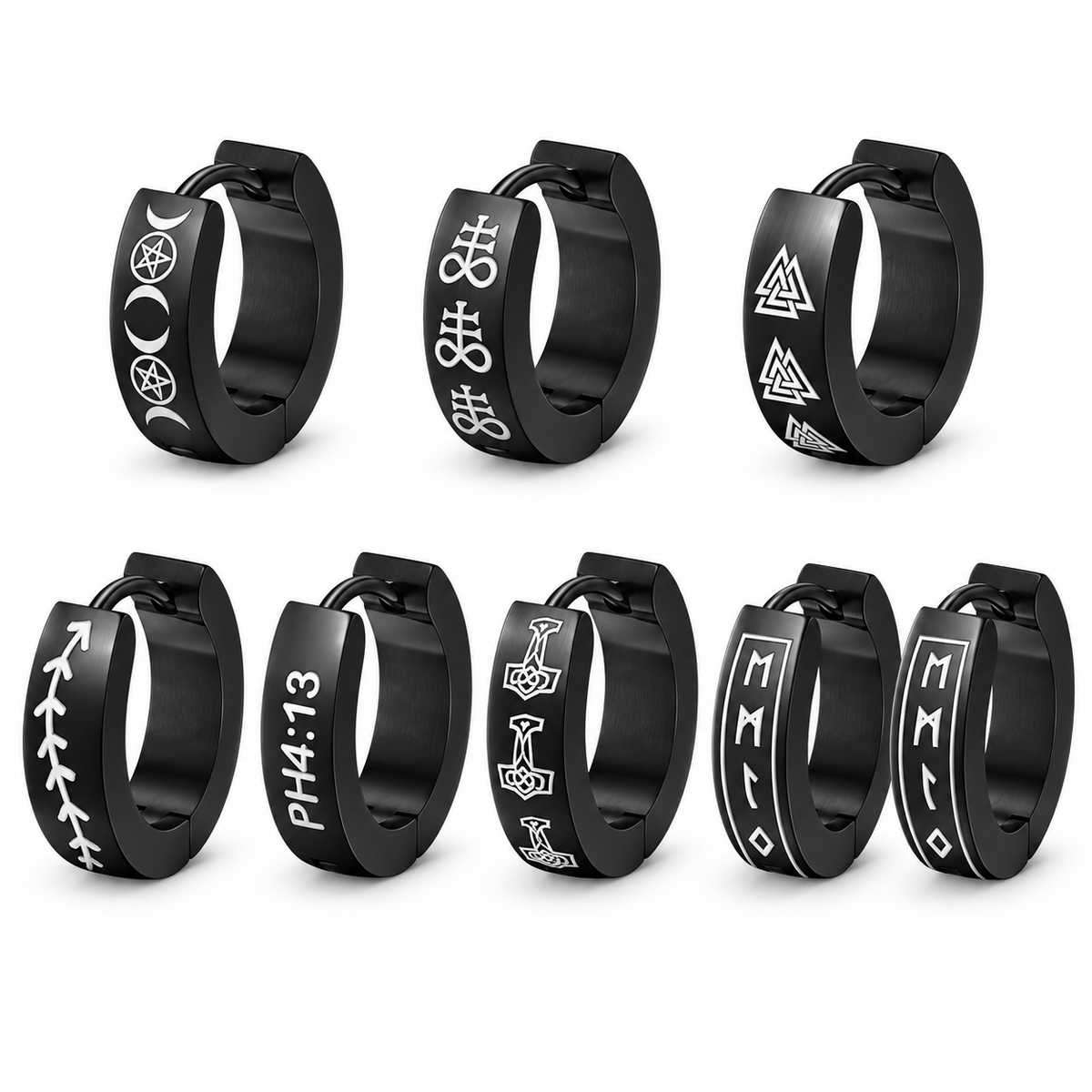 Seven engraved black symbol hoop earring designs on white background