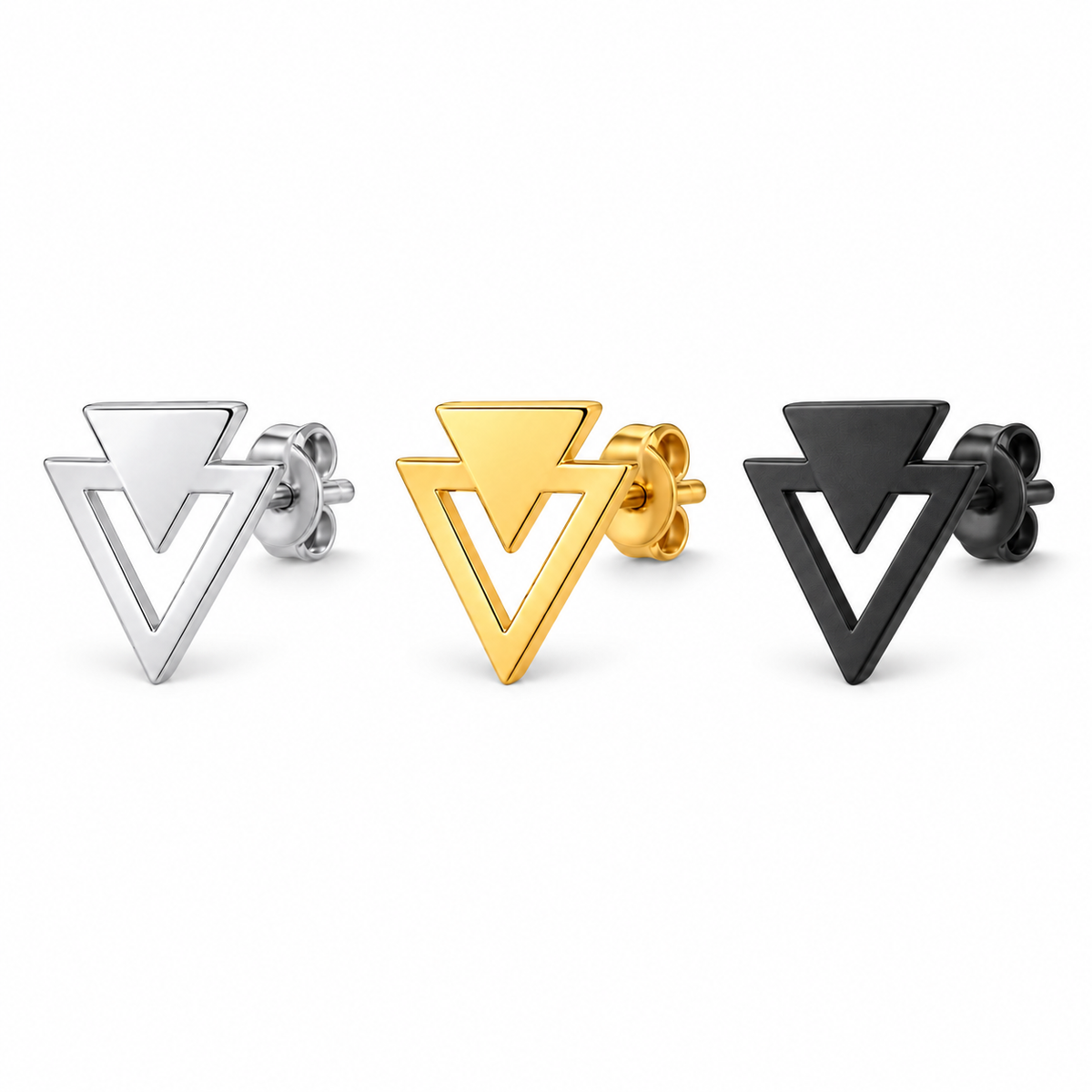Silver gold and black interlocking triangle single stud earrings on white background