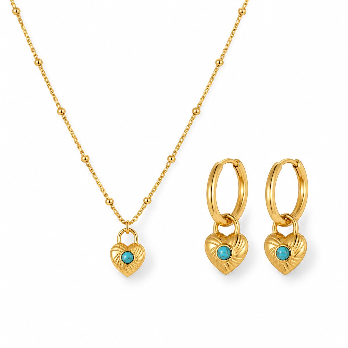 Turquoise heart hoop earrings and necklace on white background