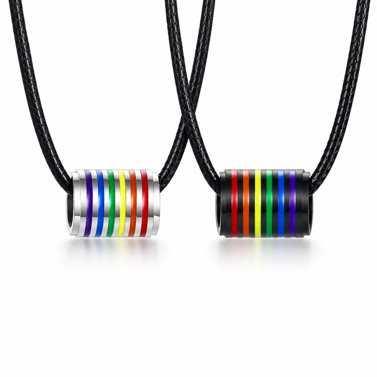 Silver and black rainbow barrel pendants on black waxed cords against white background