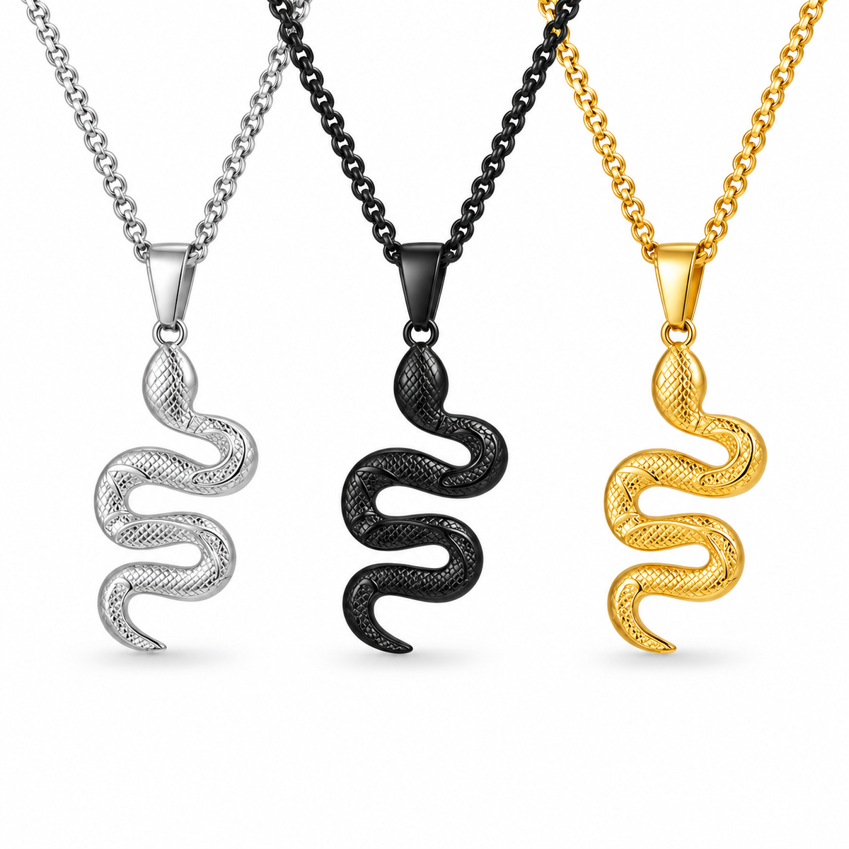 Snake pendant necklaces in silver black and gold on white background
