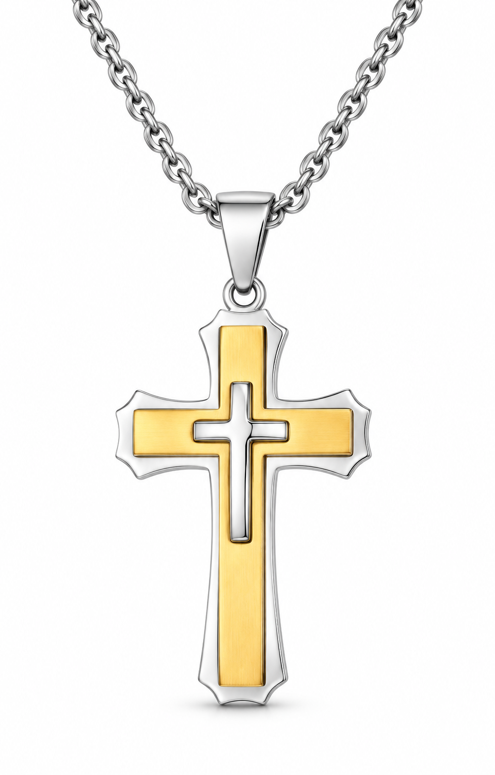 Layered silver and gold cross pendant necklace on white background