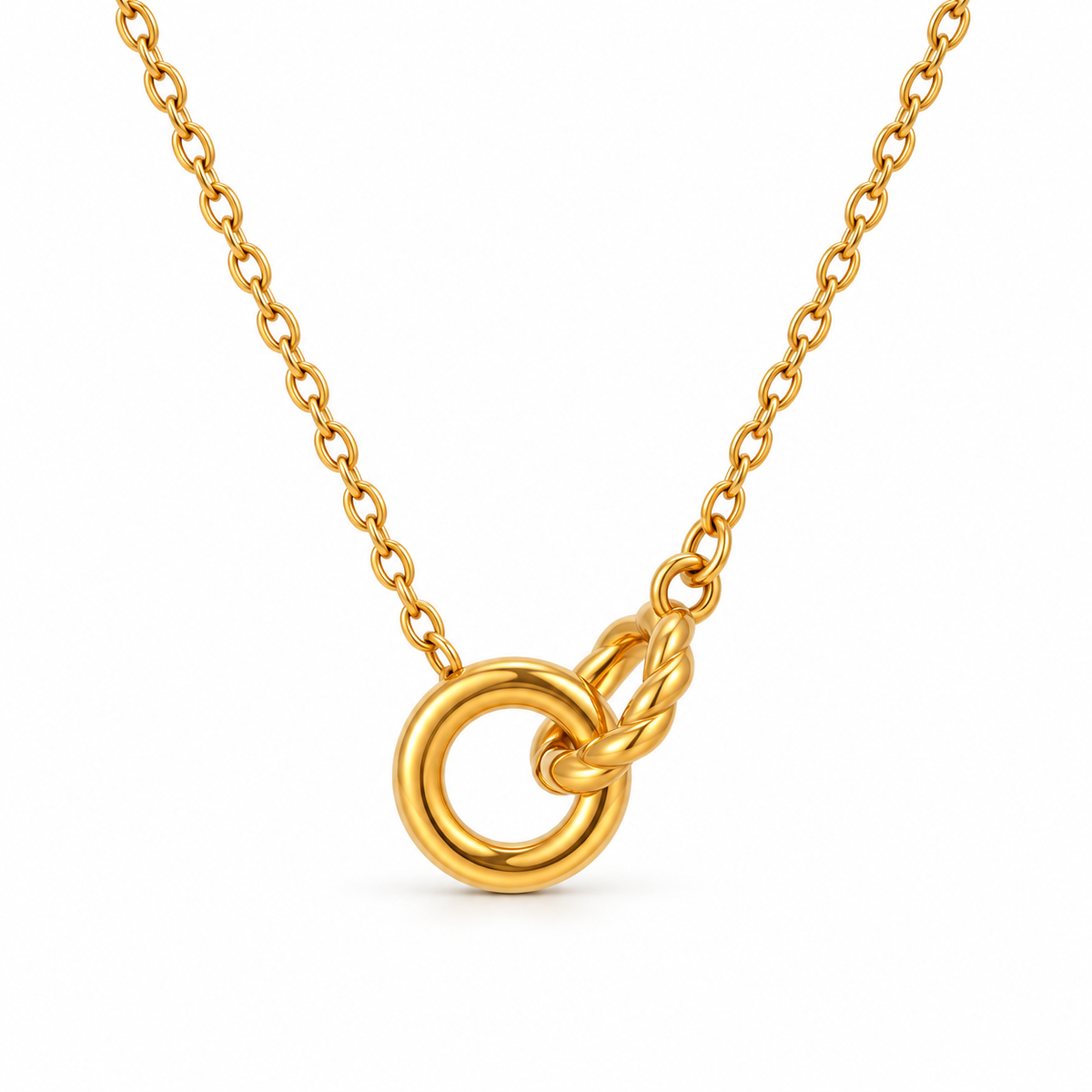 Gold toggle ring necklace with twisted bar on white background