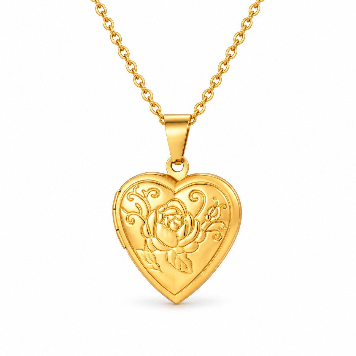 Gold rose-embossed heart locket pendant on white background