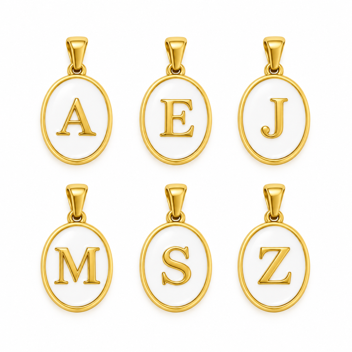 Gold oval initial letter pendants on white background