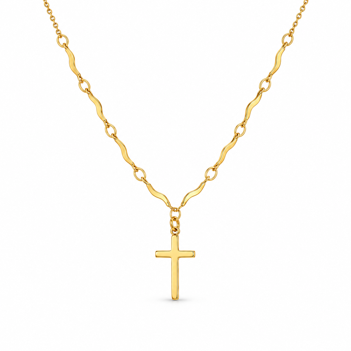 Delicate gold cross necklace with wavy links on white background