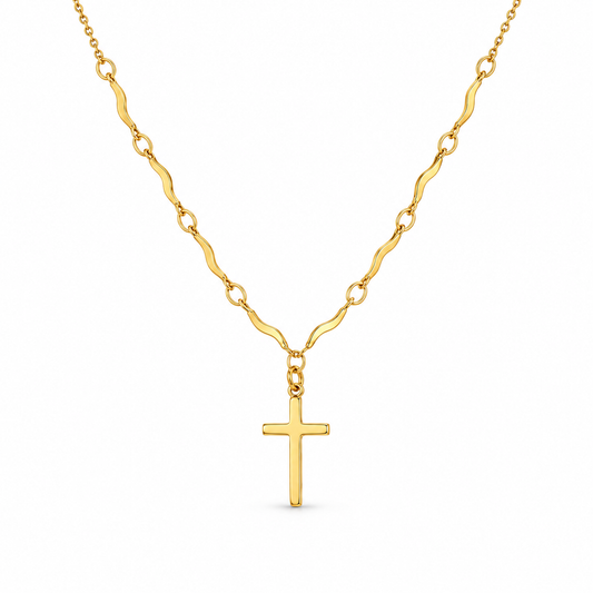 Delicate gold cross necklace with wavy links on white background