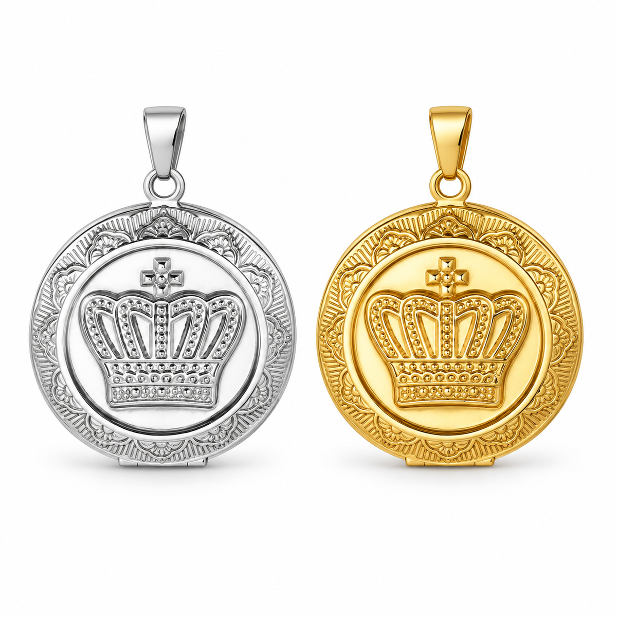 Silver and gold crown medallion pendants on white background
