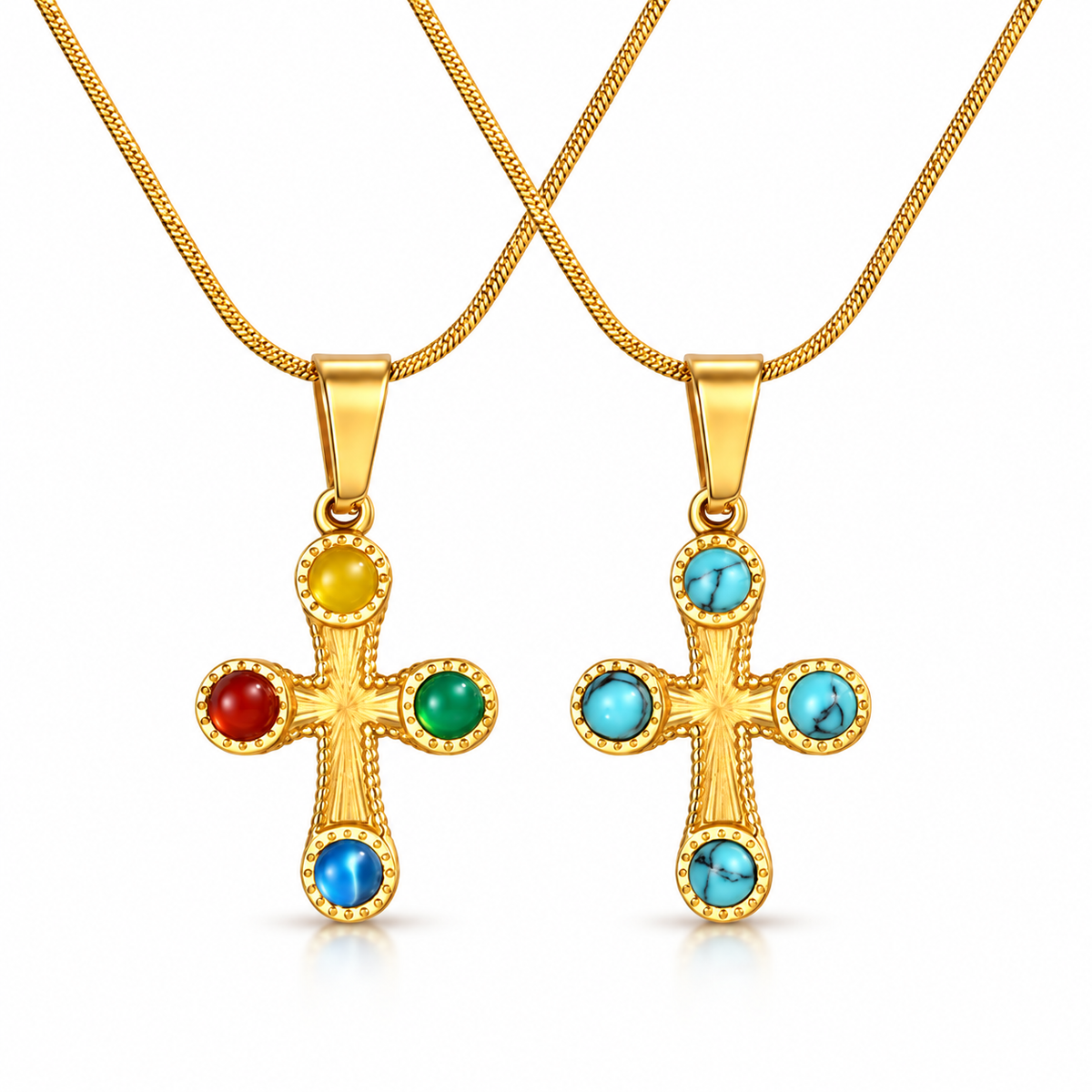 Multicolor and turquoise gemstone cross necklaces on white background