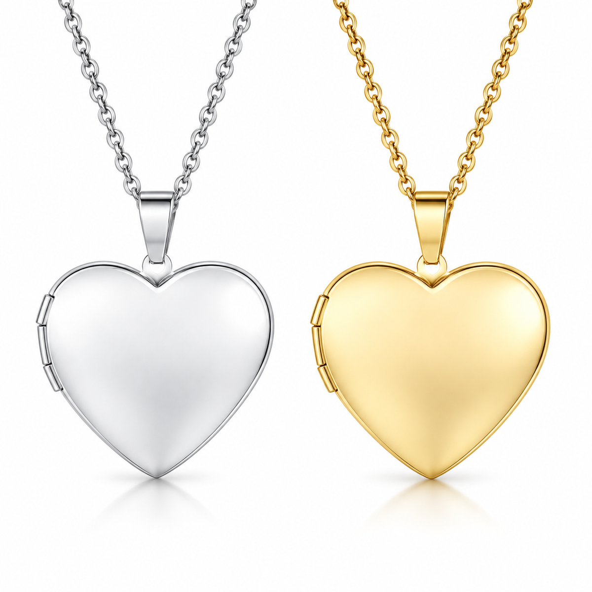 Silver and gold polished heart locket necklaces on white background