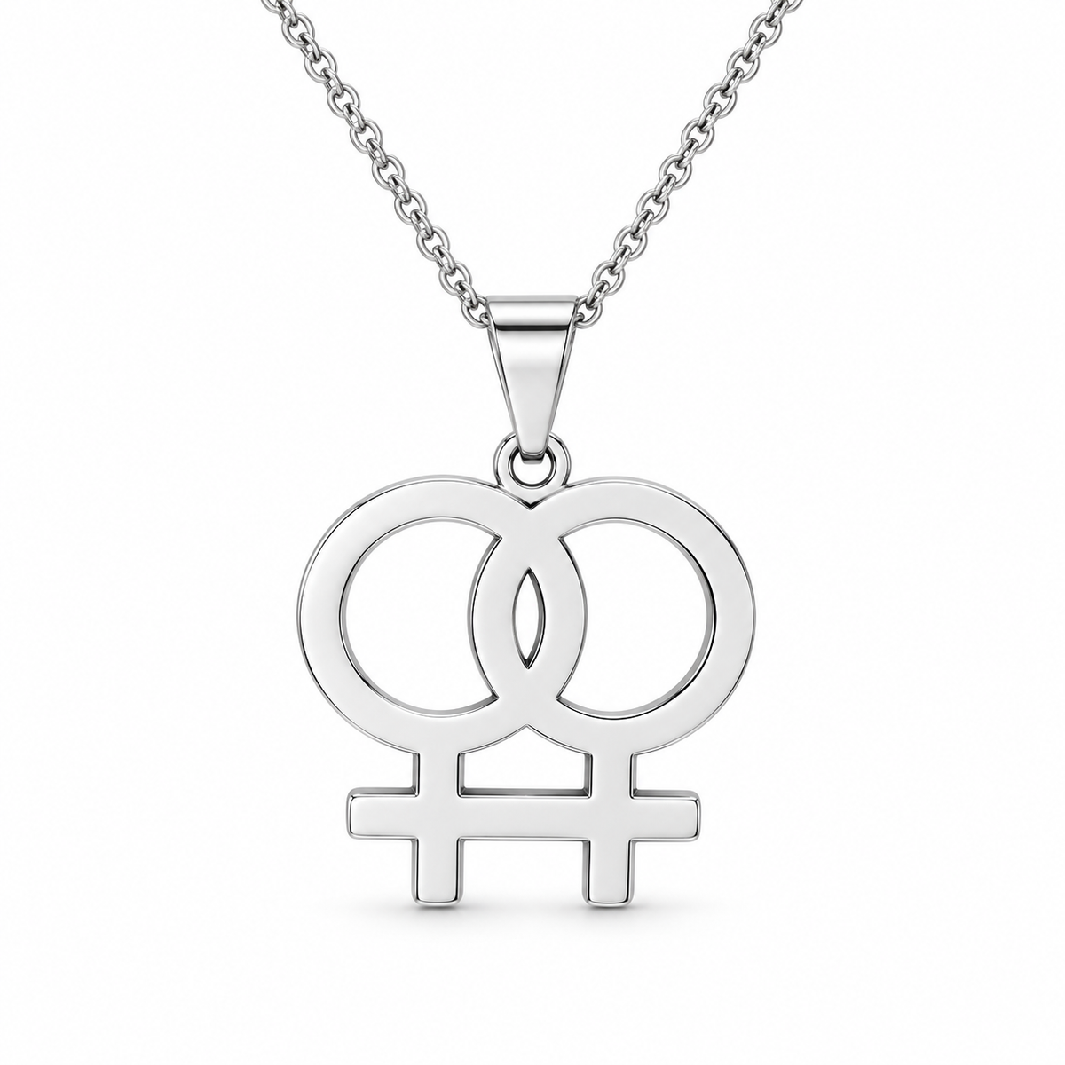Silver double Venus symbol pendant necklace on white background