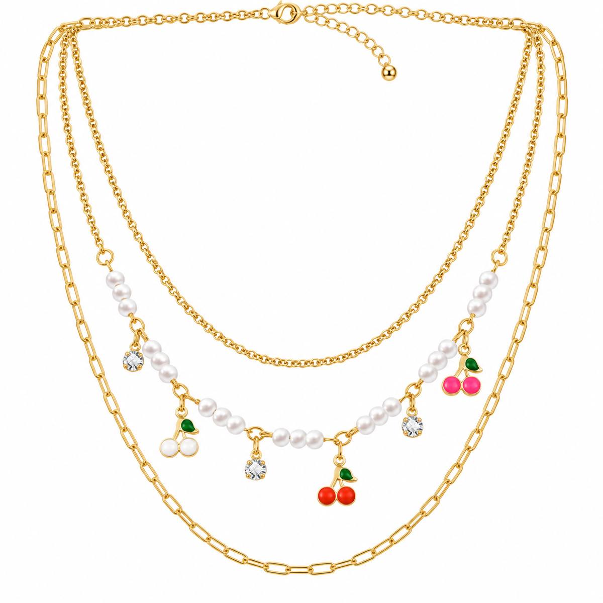 Layered gold cherry charm and pearl necklace