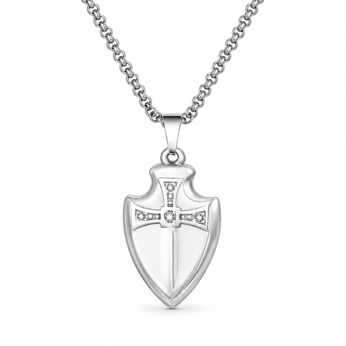 Silver zircon cross shield pendant necklace