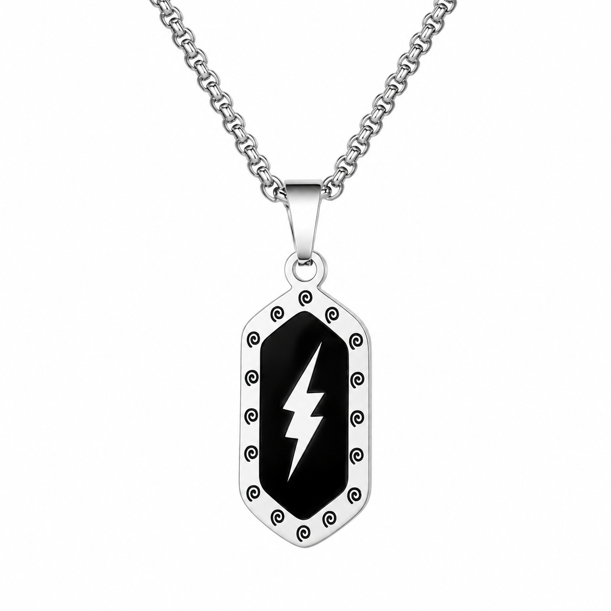 Silver and black lightning-bolt dog tag pendant necklace