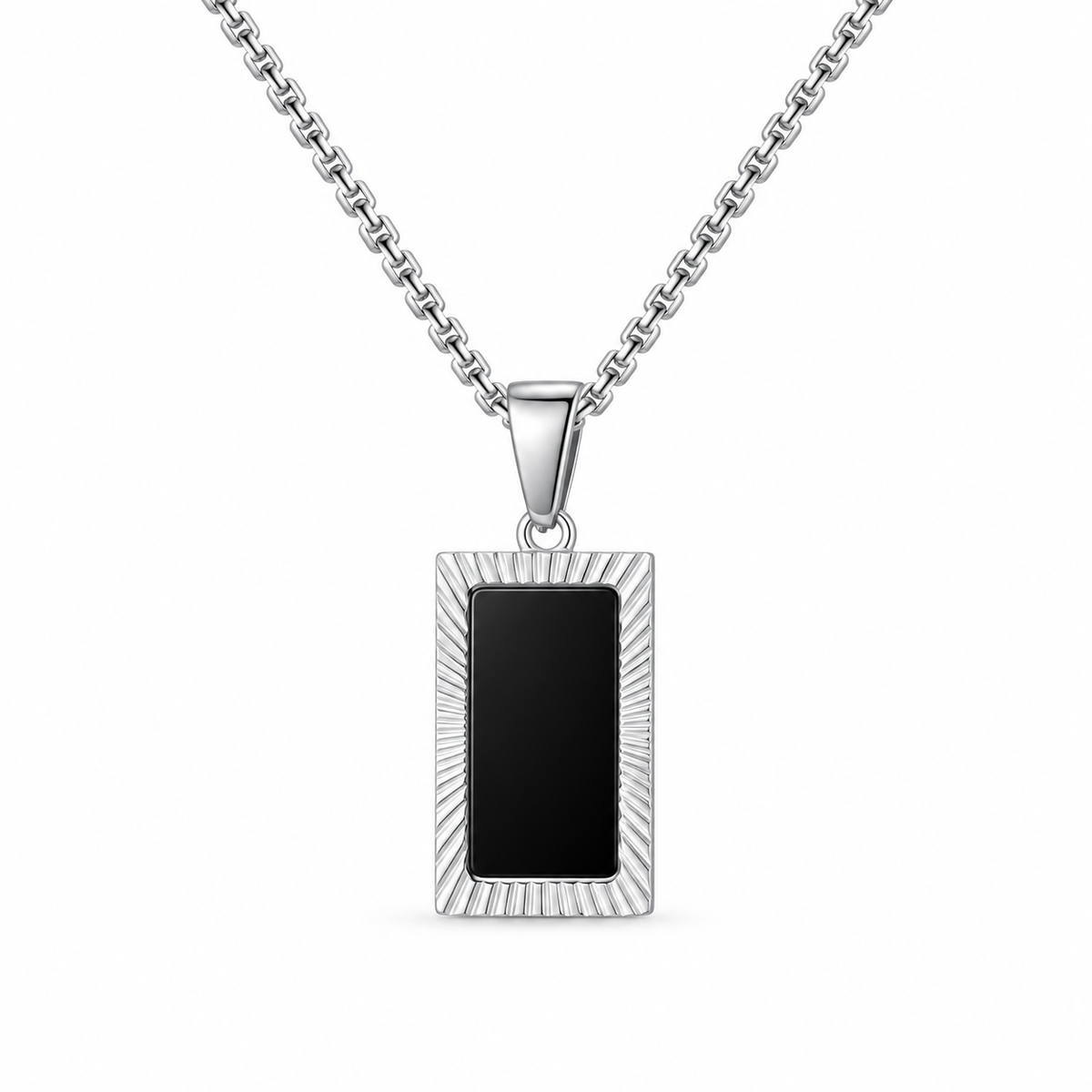 Silver sunburst frame pendant with black rectangular inlay